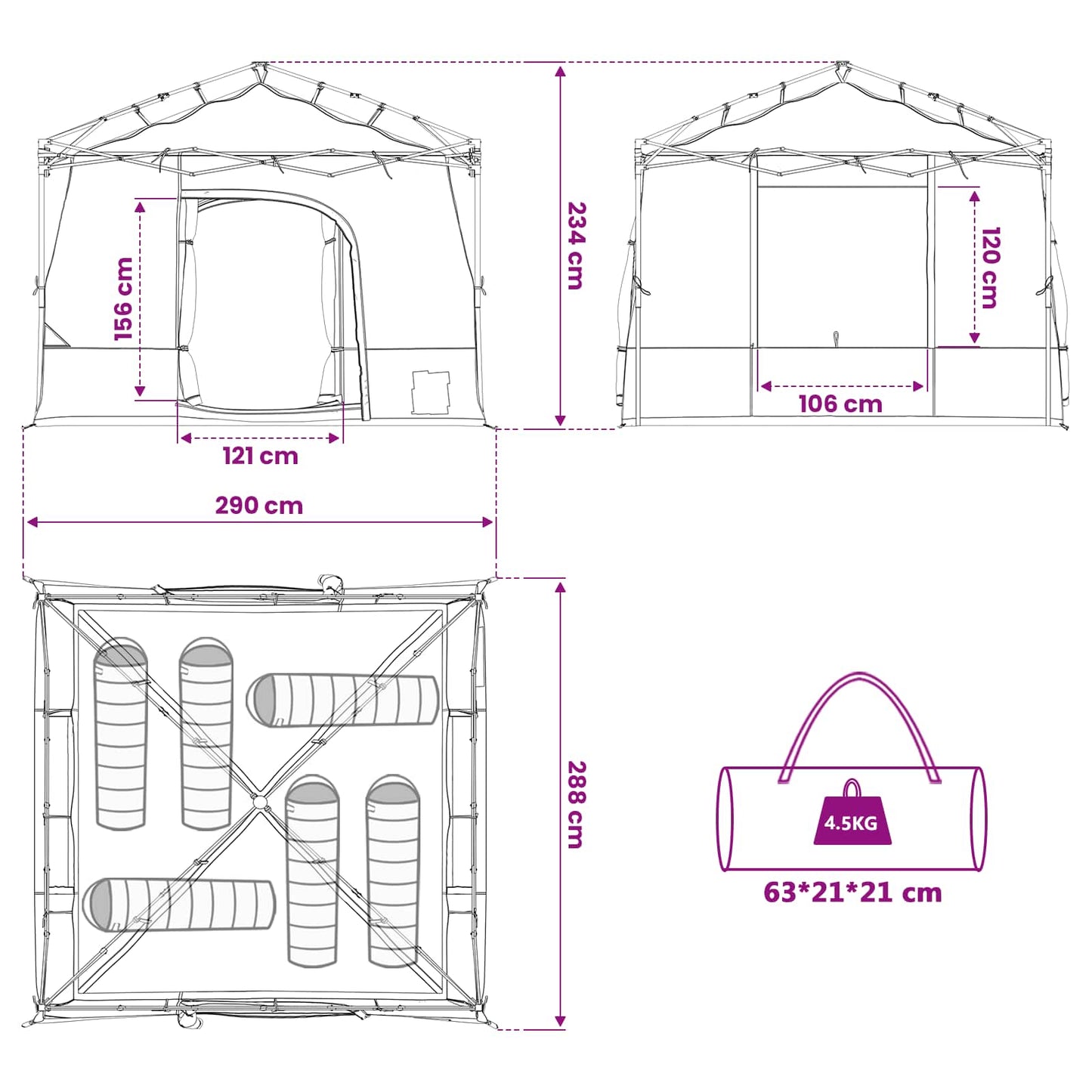 Detail van de afmetingen en opbouw van de vidaXL campingtent set in grijs en oranje.