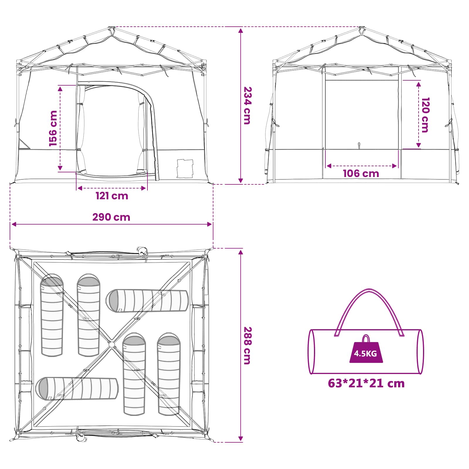 Detail van de afmetingen en opbouw van de vidaXL campingtent set in grijs en oranje.