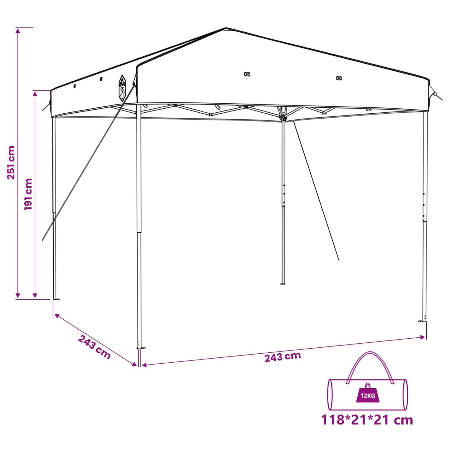 Detailweergave van de vidaXL campingtent met afmetingen en draagtas in grijs en oranje.