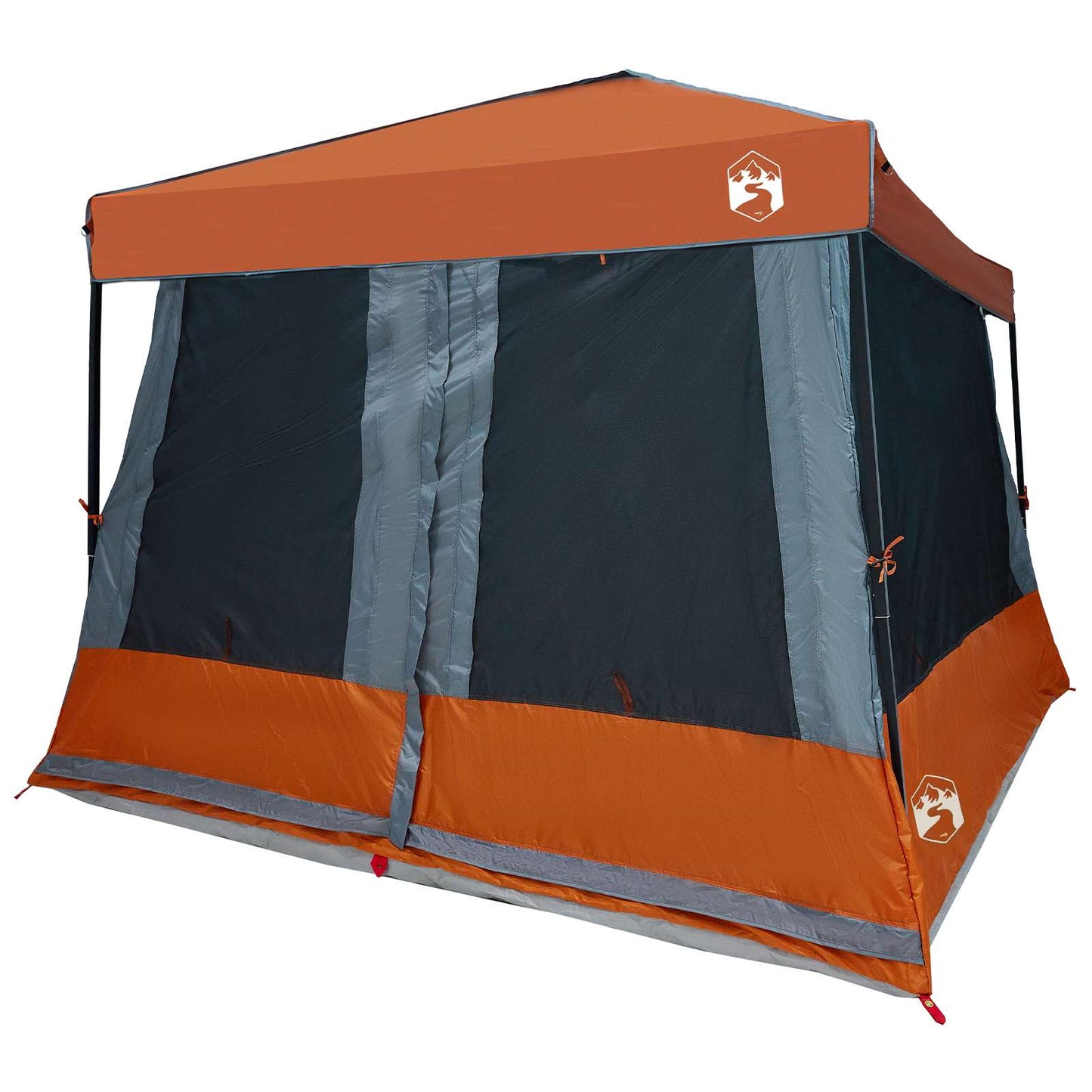 Zijaanzicht van de vidaXL campingtent in grijs en oranje met een weerbestendig ontwerp.