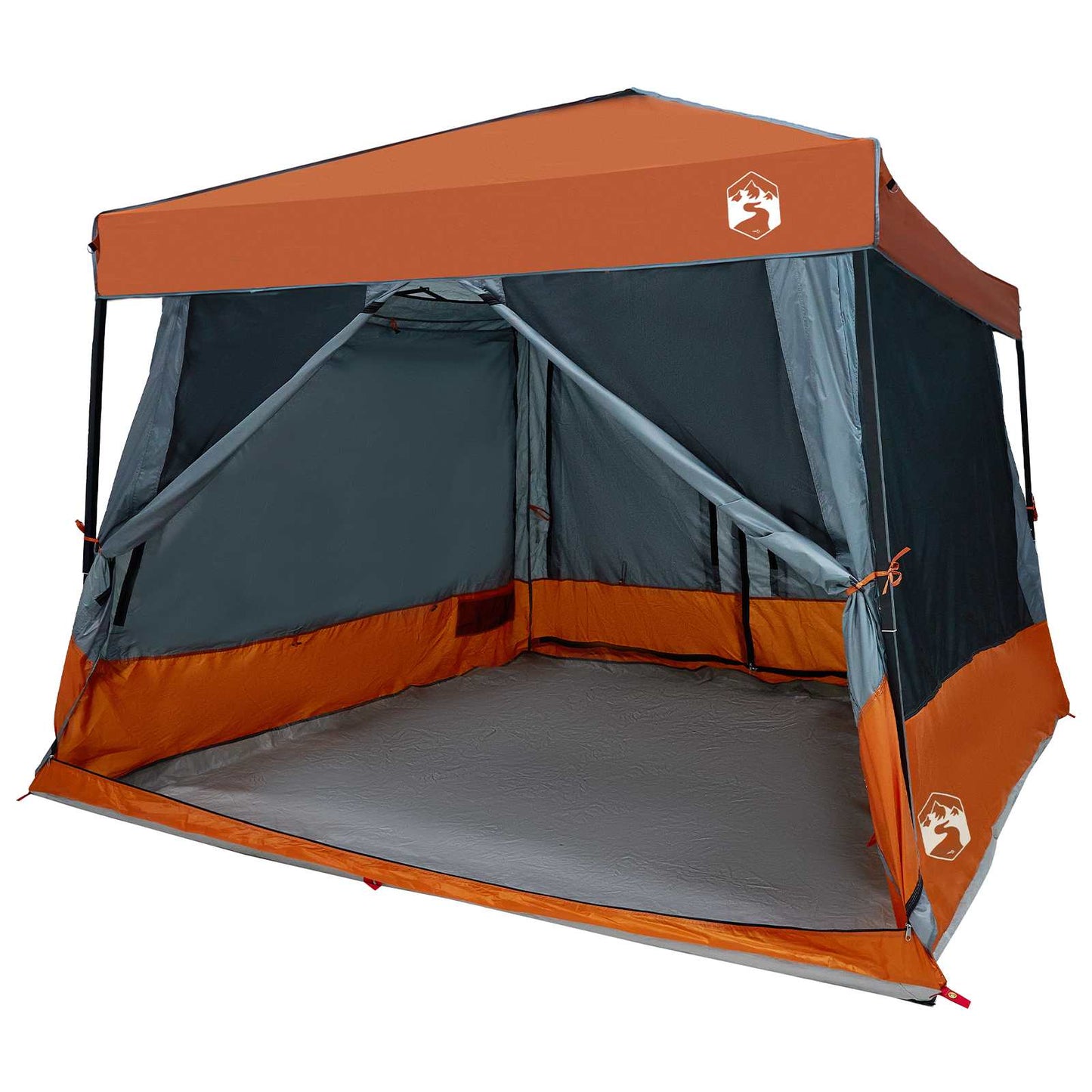 Zijaanzicht van de vidaXL campingtent met grijze en oranje kleuren, open voor extra ruimte.