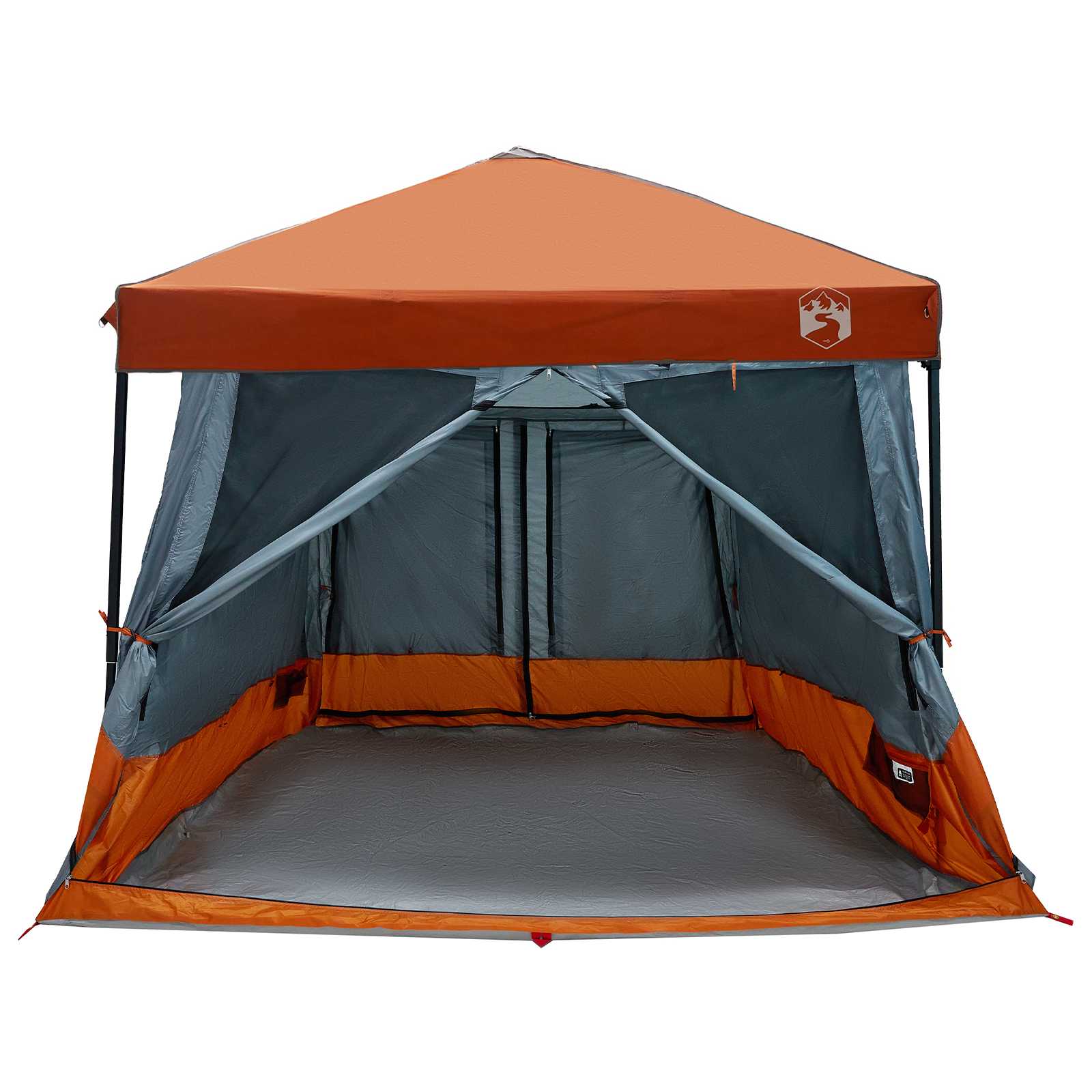 Detail van de grijs-oranje vidaXL campingtent met open ritssluiting en ruime binnenruimte.