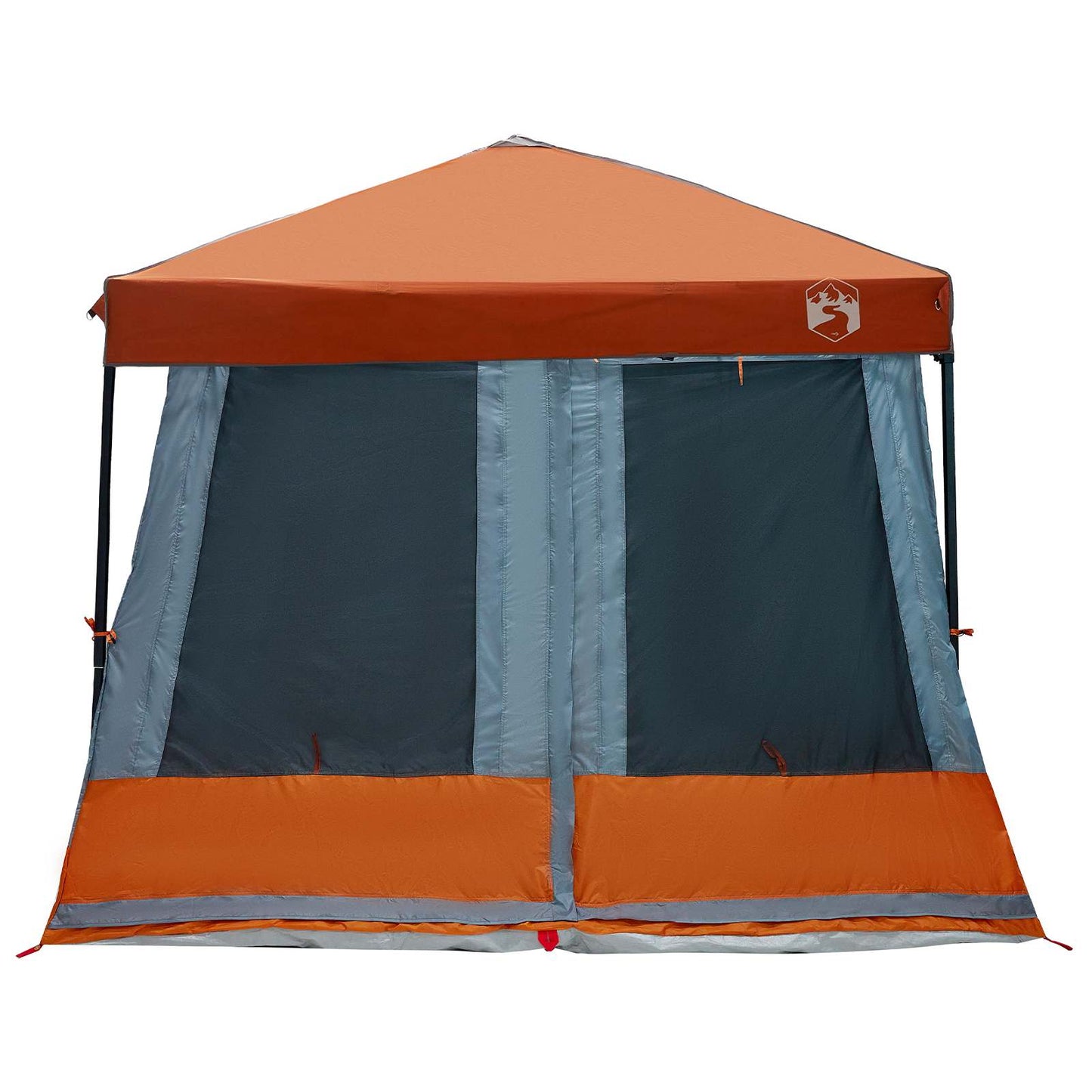 Detail van de vidaXL campingtent in grijs en oranje met grote ingang en ventilatieroosters.