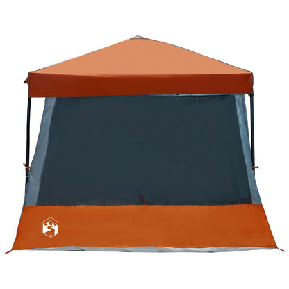 Zijaanzicht van de grijs-oranje vidaXL campingtent met een waterafstotend ontwerp.