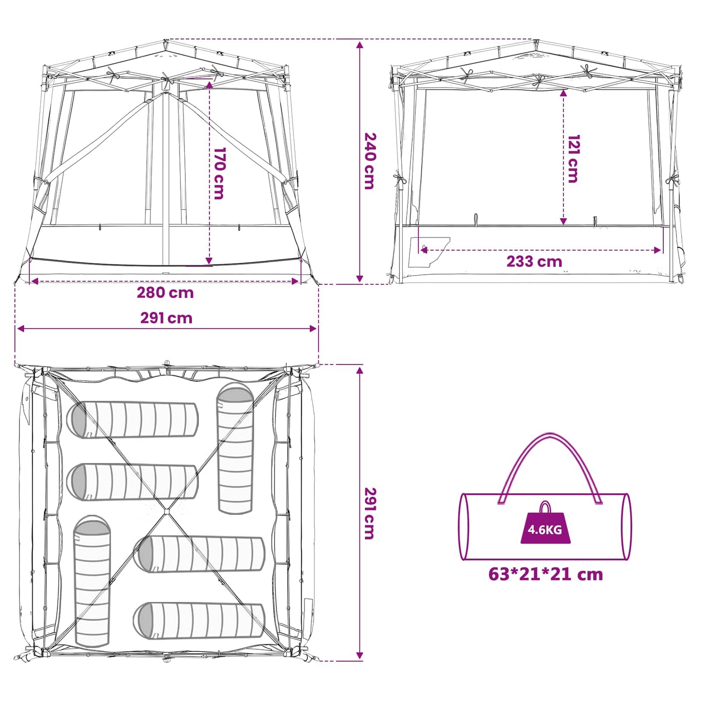 Detail van de afmetingen en opvouwbare structuur van de vidaXL campingtent set in grijs en oranje.