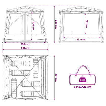 Detail van de afmetingen en opvouwbare structuur van de vidaXL campingtent set in grijs en oranje.