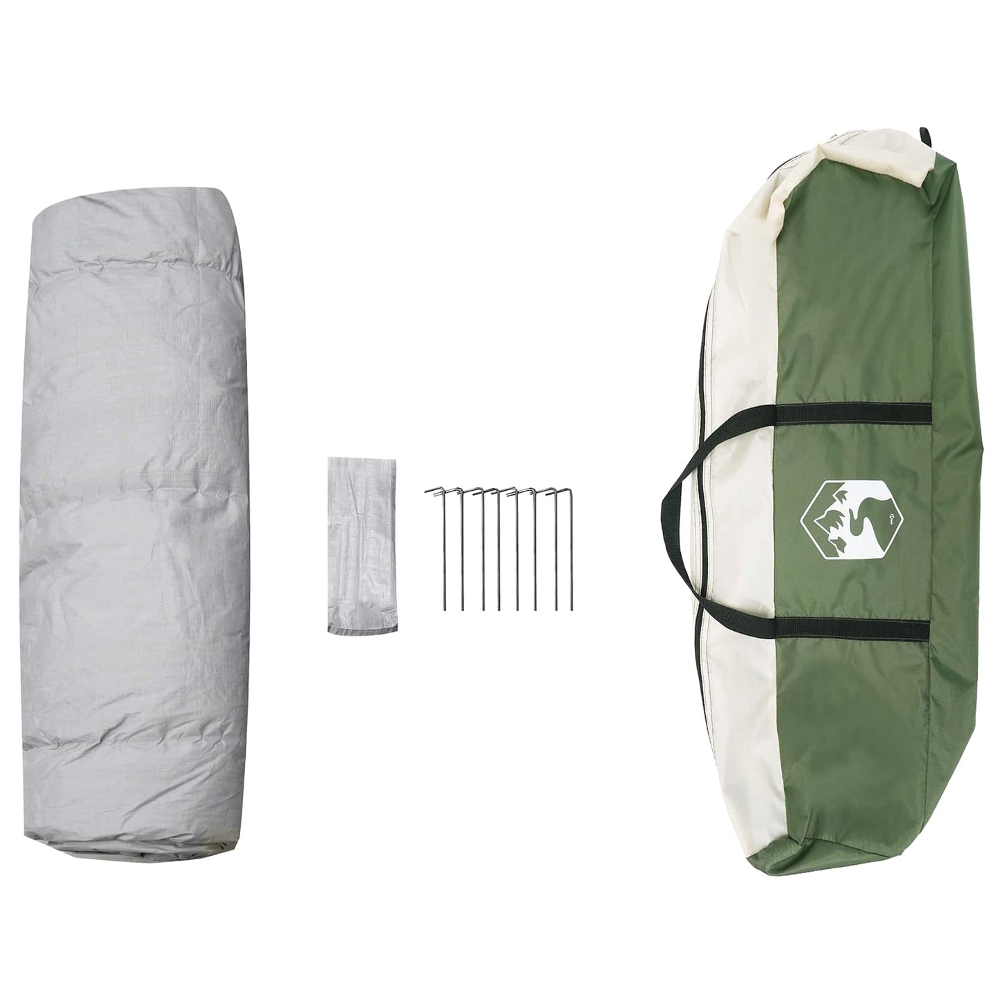 Detail van de vidaXL Instant Tent met stalen pinnen en opbergtas in groen en grijs.
