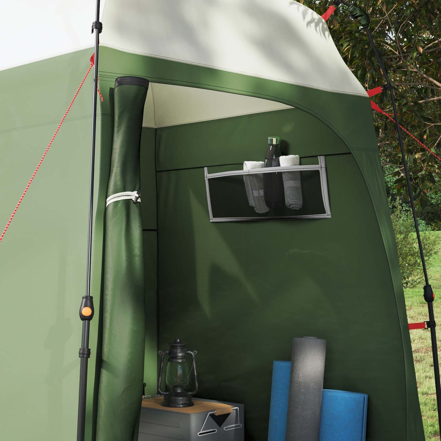 Detail van de binnenkant van de vidaXL Instant Tent met opbergrek en accessoires.