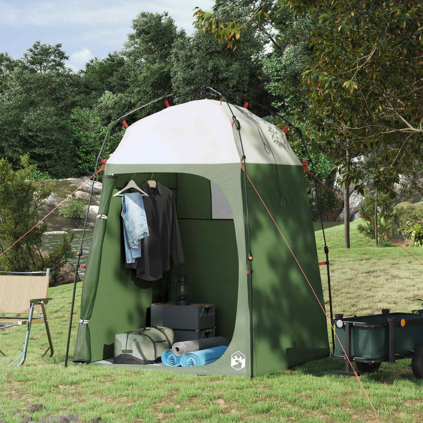 vidaXL Instant Tent 2-Person Quick-Release in groen, opgesteld in de natuur met campingaccessoires.