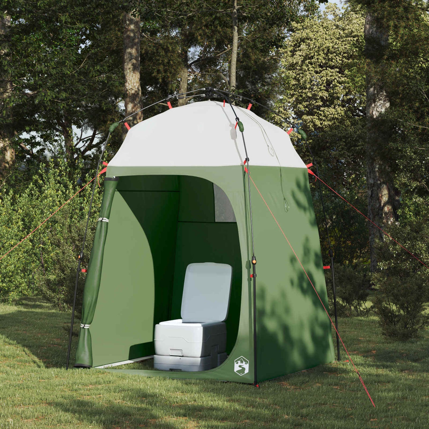 Detail van de vidaXL Instant Tent met een toiletstoel binnenin, groene buitenkant en witte bovenkant.