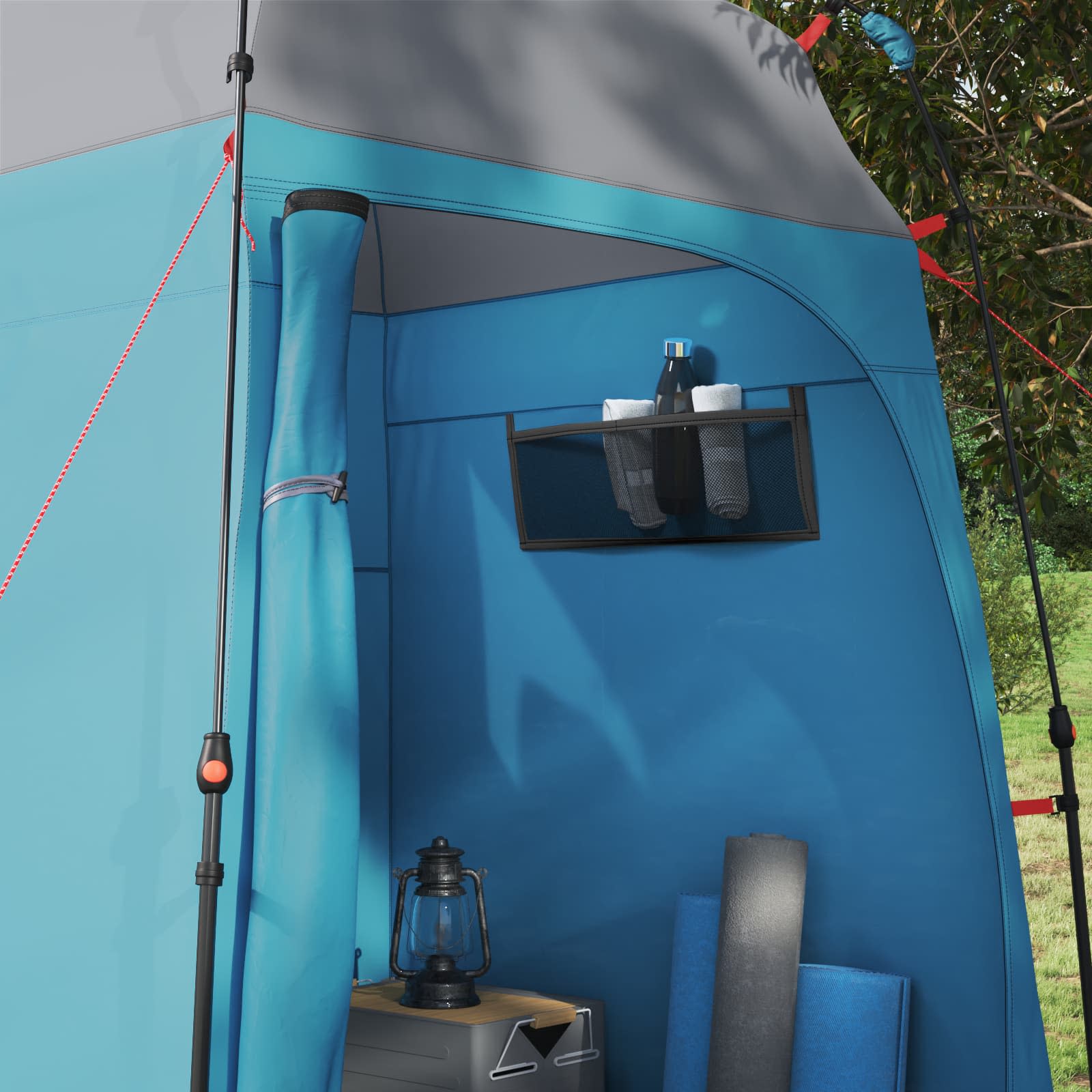 Detail van de binnenkant van de vidaXL Instant Tent met opbergvak en accessoires.