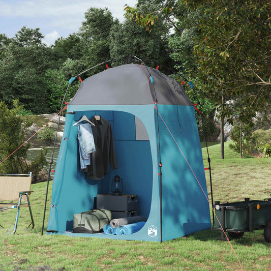 Blauwe vidaXL Instant Tent voor twee personen met grijze top, geplaatst in een groene omgeving.
