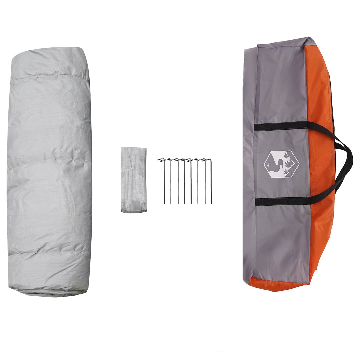Detail van de grijs-oranje vidaXL Instant Tent met opvouwbare tas en haringen.
