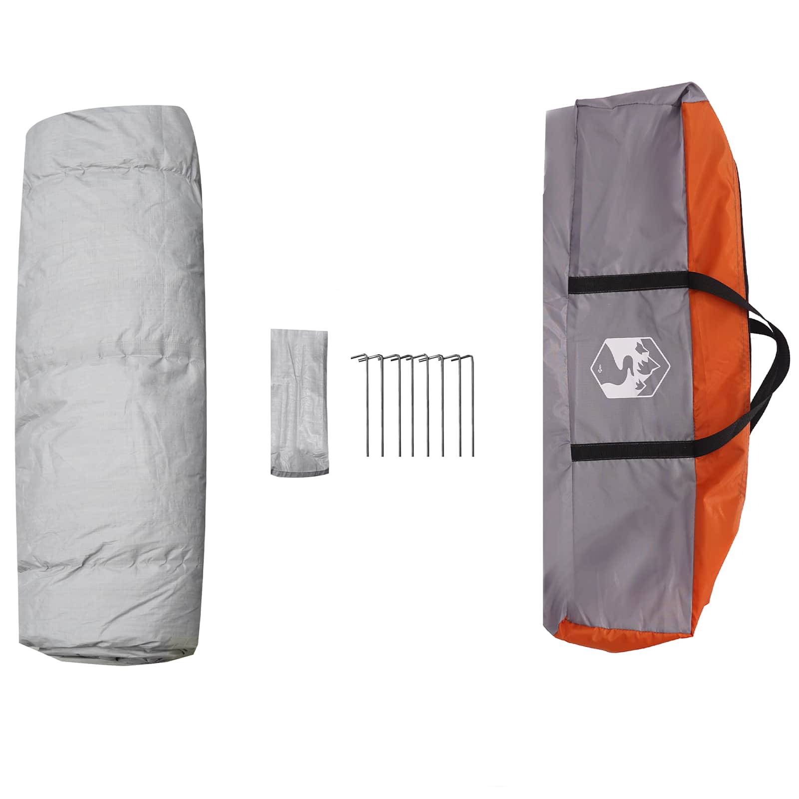 Detail van de grijs-oranje vidaXL Instant Tent met opvouwbare tas en haringen.