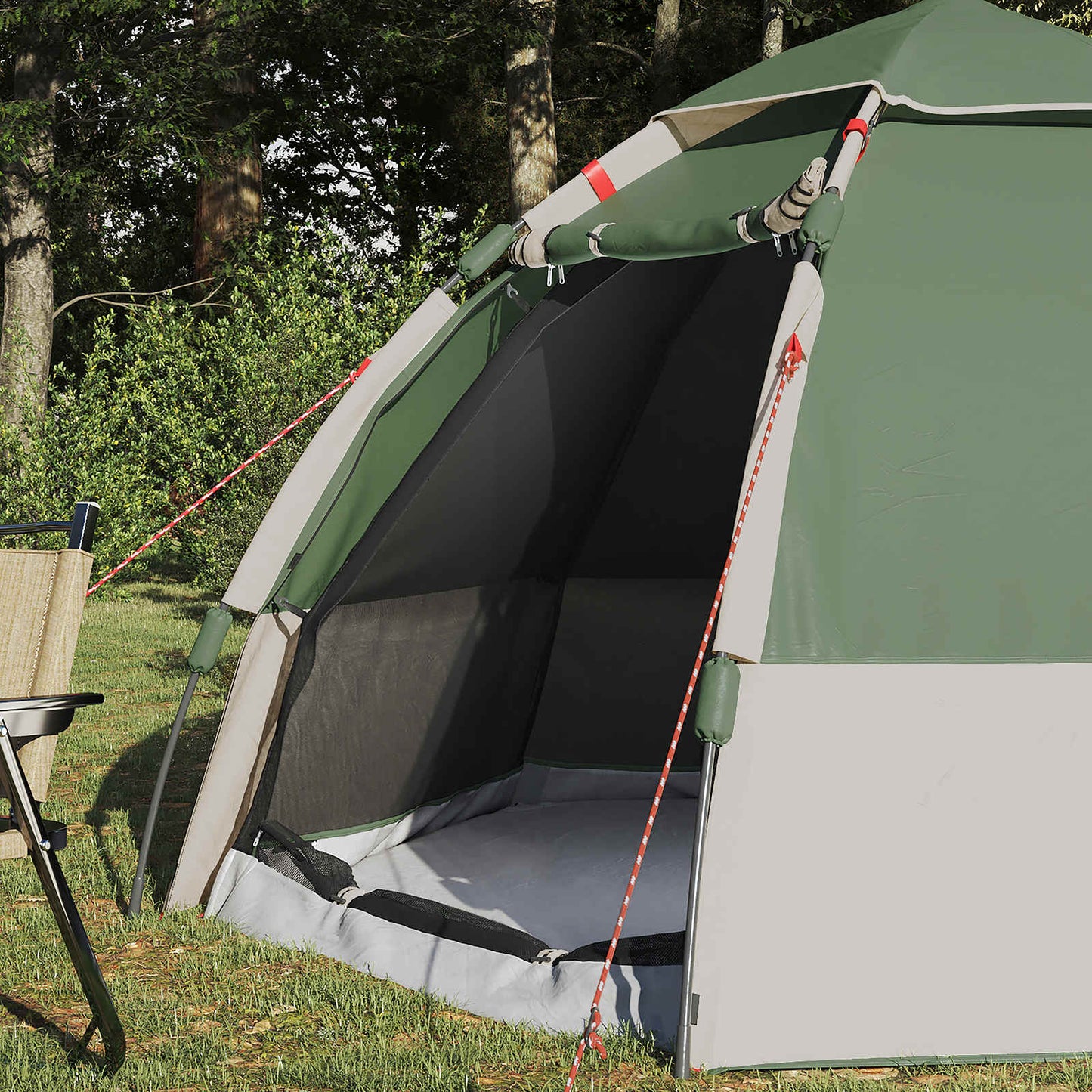 Detail van de ingang van de vidaXL instant tent met regenhoes, zijaanzicht.