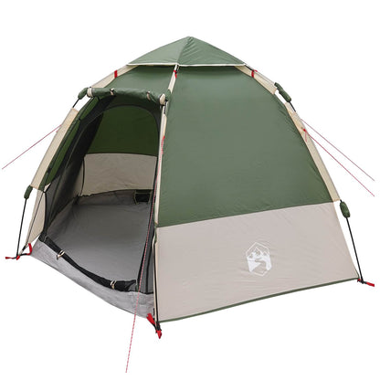 Zijaanzicht van de vidaXL instant tent met groene en beige kleuren, open ingang.