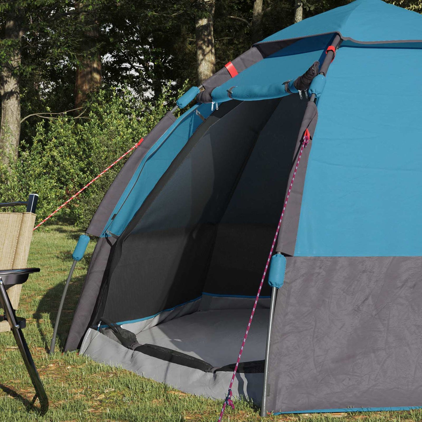 Detail van de ingang van de vidaXL instant tent met regenhoes in blauw en grijs.