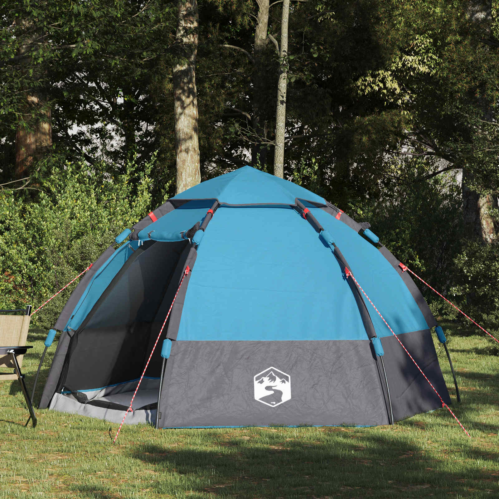vidaXL instant tent voor 4 personen in blauw met regenhoes, zijaanzicht in de natuur.