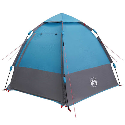 Zijaanzicht van de vidaXL instant tent in blauw en grijs met regenhoes.