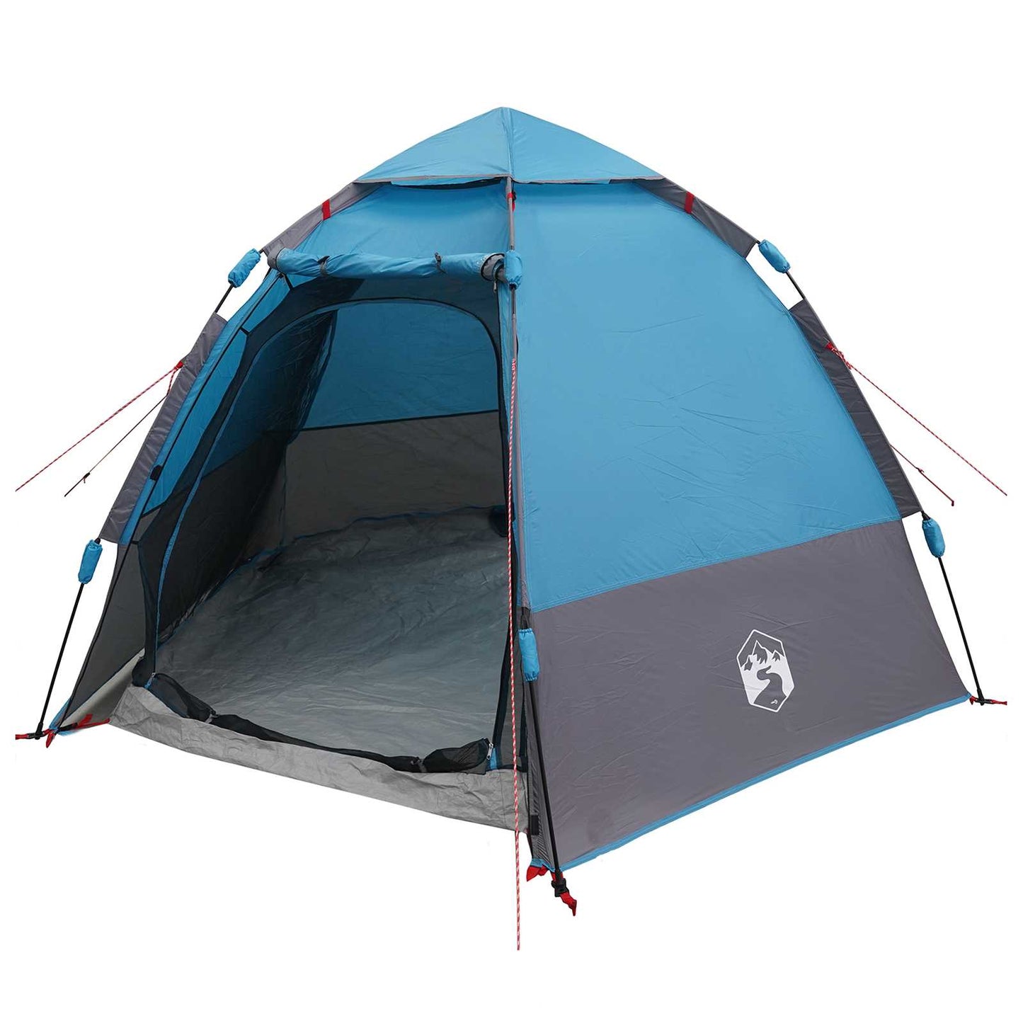 Zijaanzicht van de vidaXL instant tent in blauw met open ingang en grijze onderzijde.
