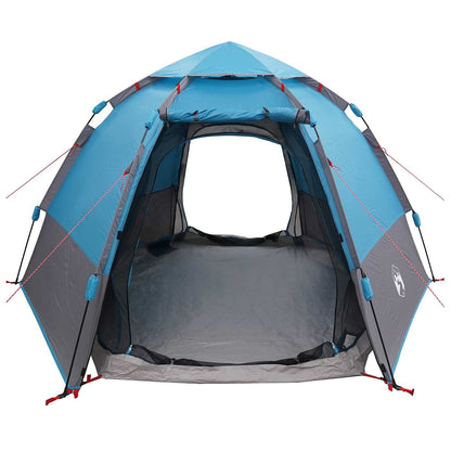 Zijaanzicht van de vidaXL instant tent met blauwe en grijze kleuren, open ingang.