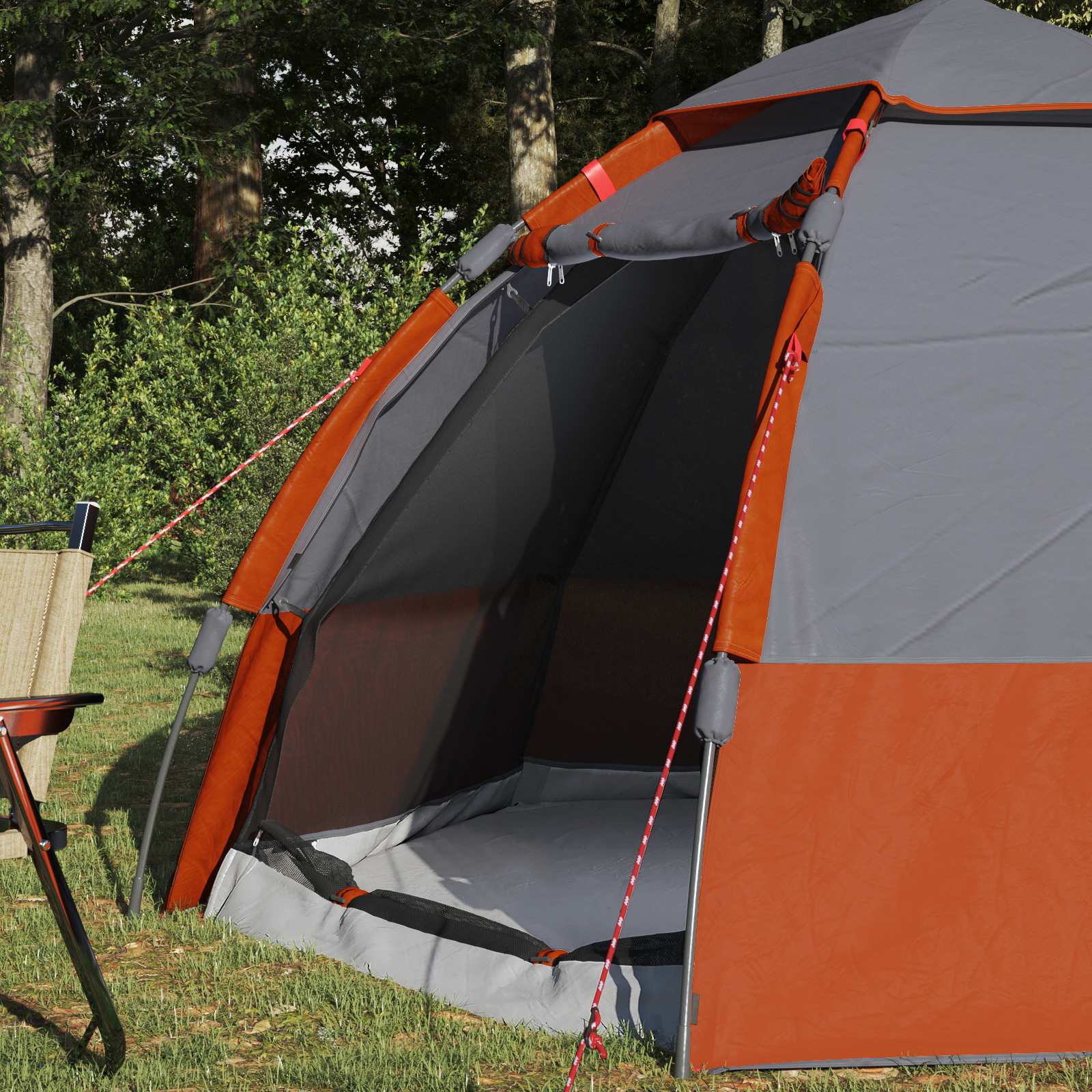 Detail van de ingang van de vidaXL Instant tent met grijs en oranje ontwerp.