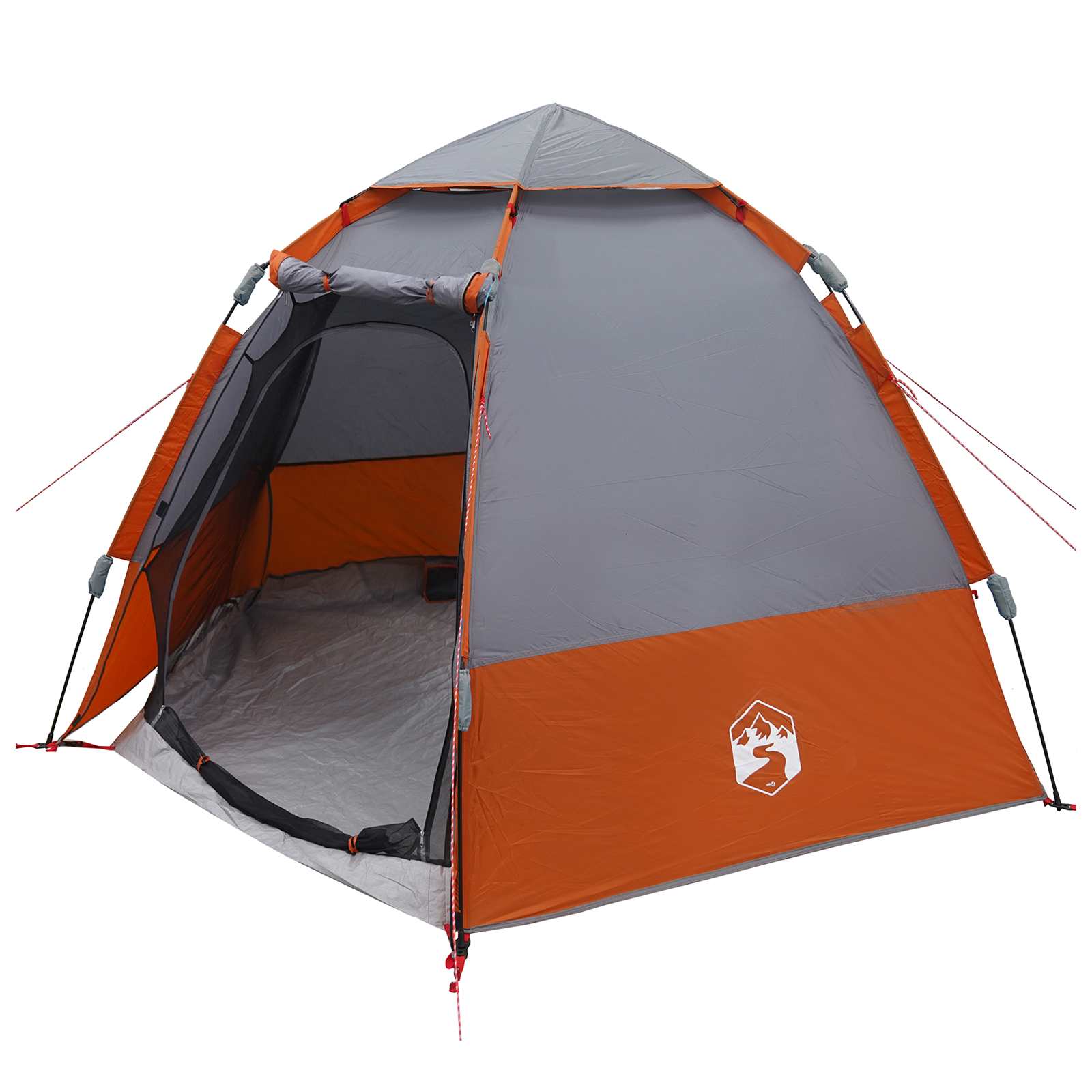 Detail van de vidaXL Instant tent voor 4 personen in grijs en oranje, zijaanzicht met open ingang.