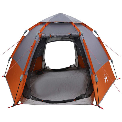 Zijaanzicht van de vidaXL Instant tent voor 4 personen in oranje en grijs.