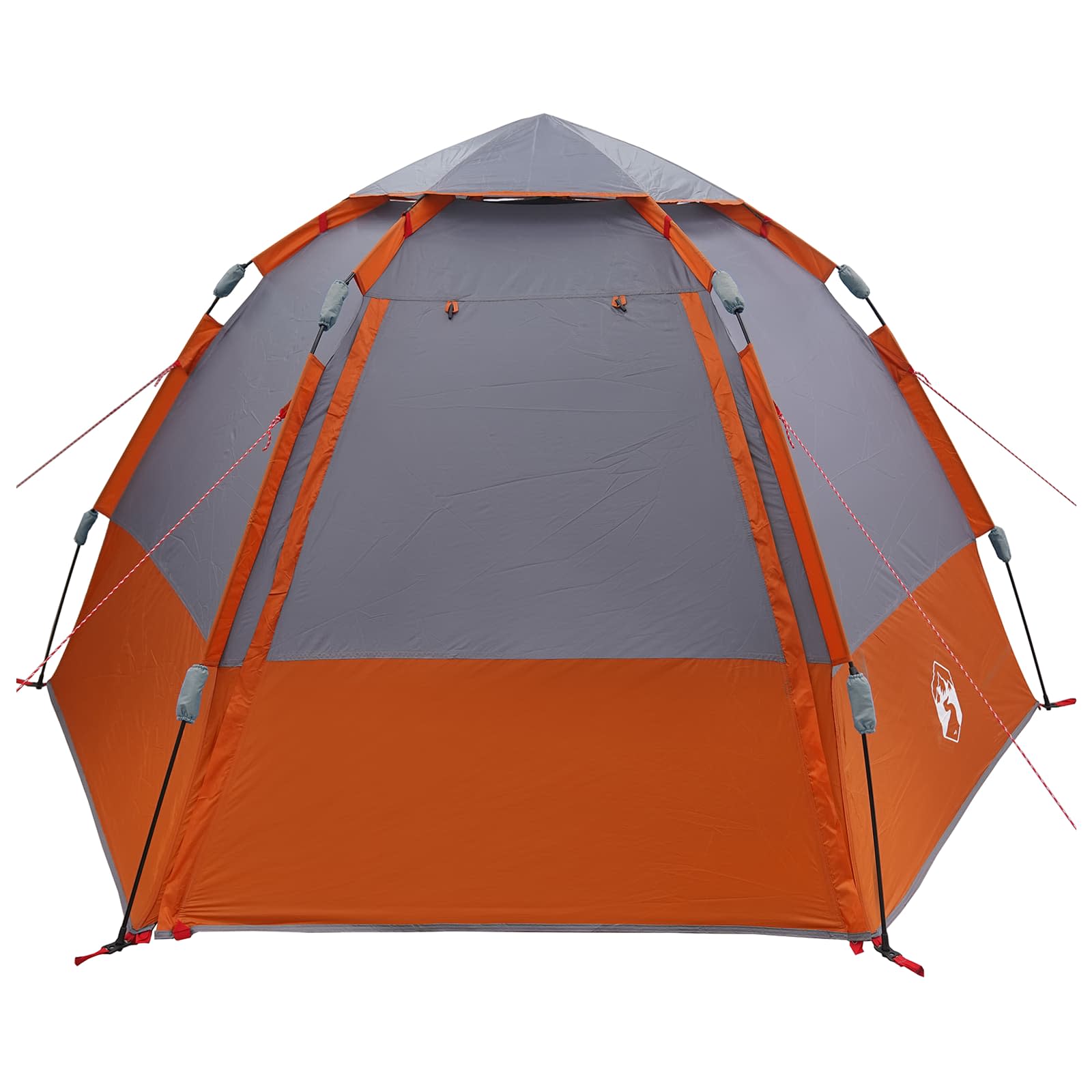 Zijaanzicht van de vidaXL Instant tent in oranje en grijs met ventilatieroosters.