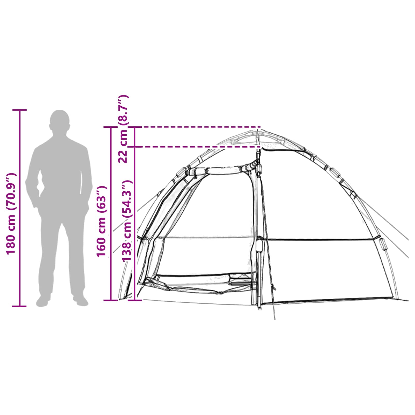 Detailtekening van de vidaXL Instant tent met afmetingen en zijaanzicht.