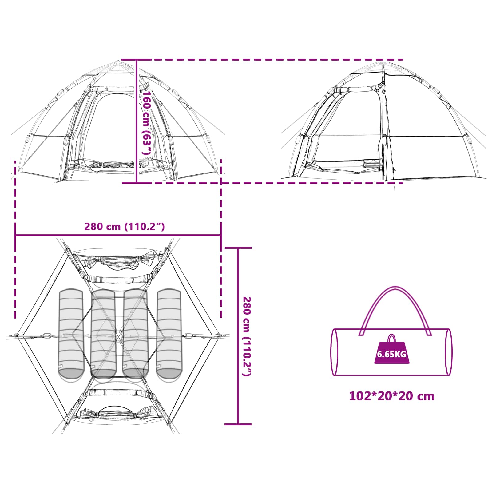 Technische tekening van de vidaXL Instant tent voor 4 personen met afmetingen en indeling.