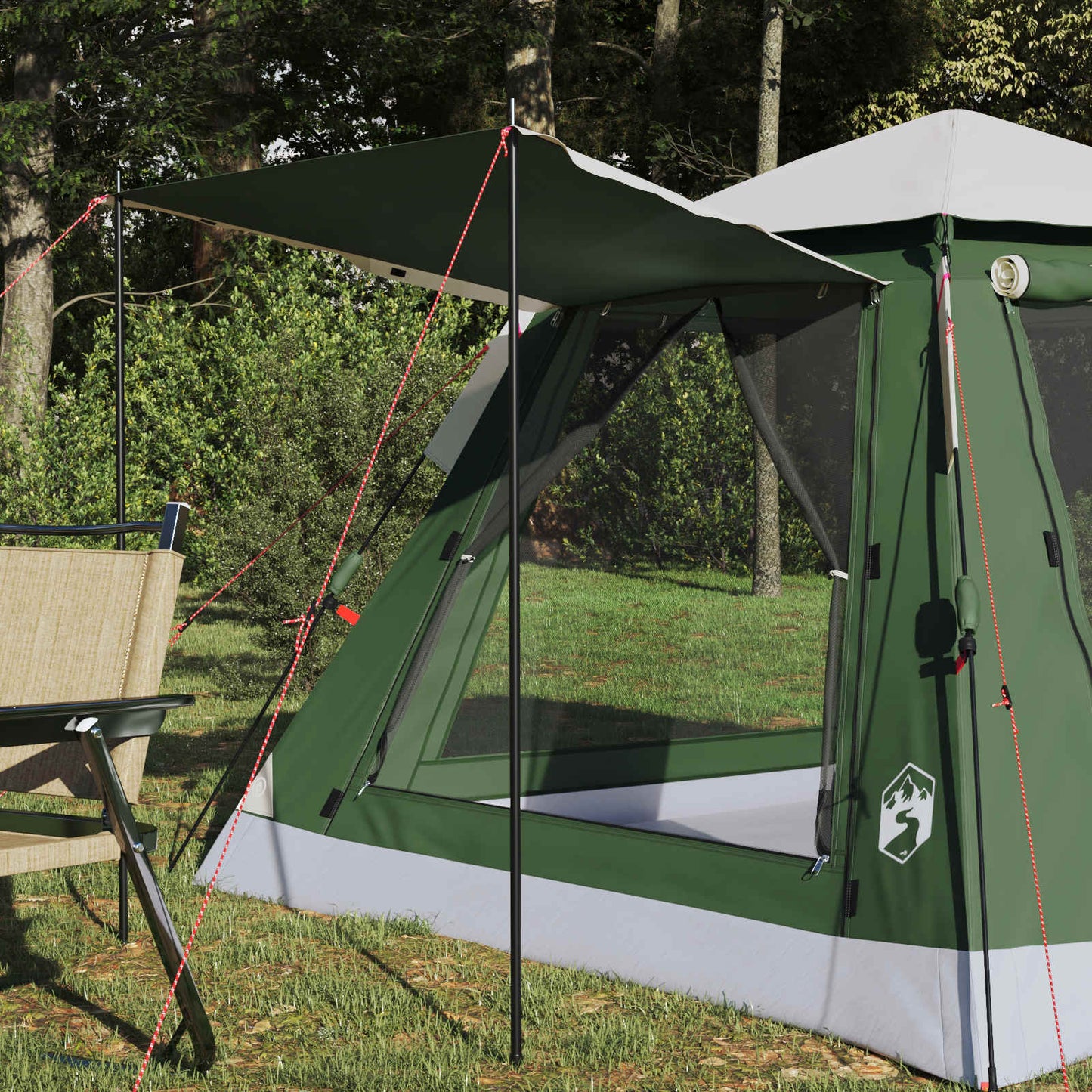 Detail van de vidaXL Instant Tent met Regenfly, zijaanzicht met afspanning en deuropening.