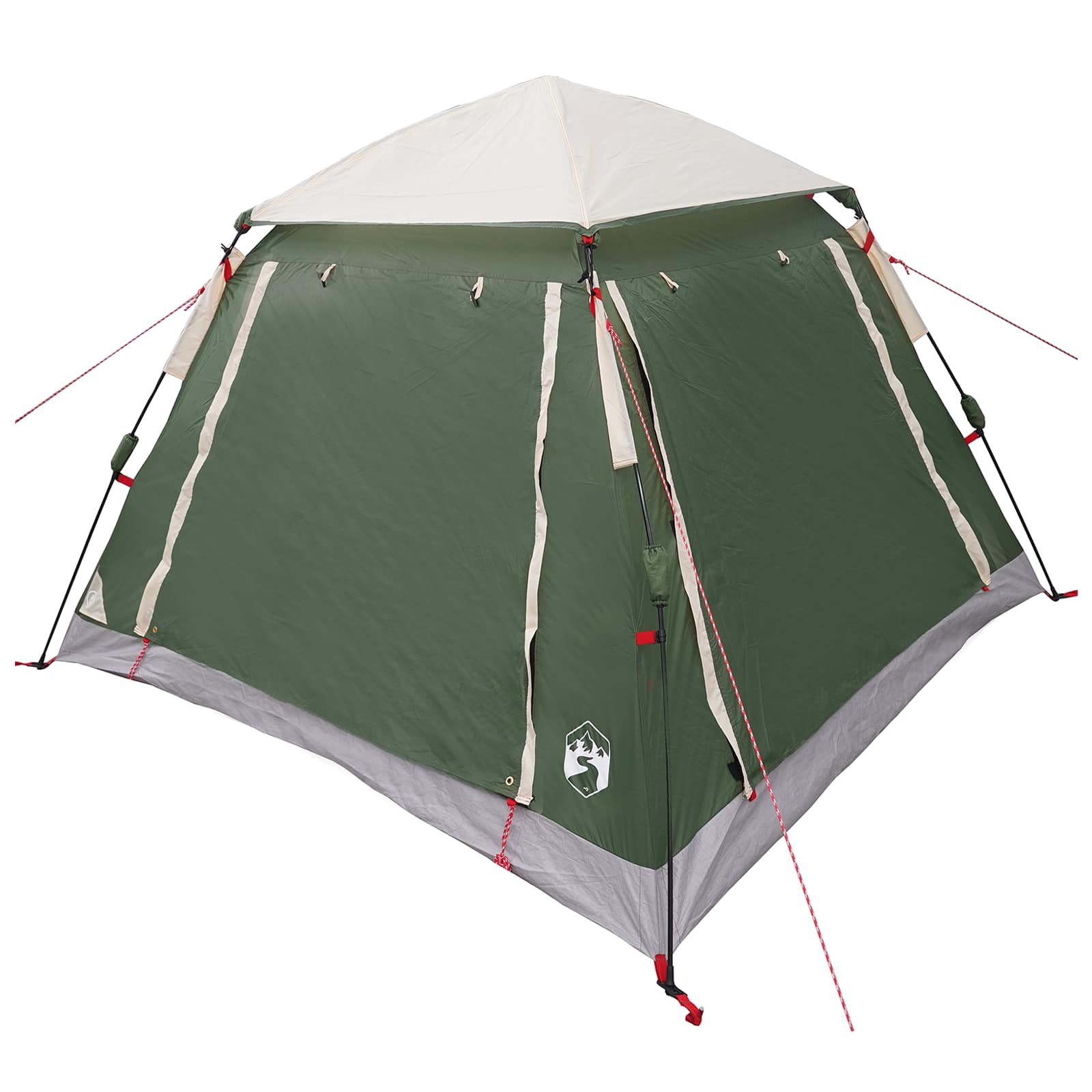 Detail van de groene vidaXL Instant Tent met regenfly, zijaanzicht met bevestigingshaken.