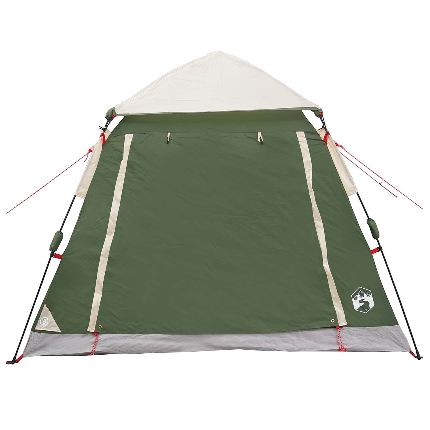 Detail van de groene vidaXL Instant Tent met regenfly, zijaanzicht van de ingang.