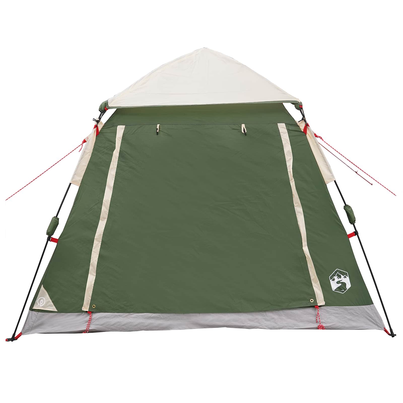 Detail van de groene vidaXL Instant Tent met regenfly, zijaanzicht van de ingang.