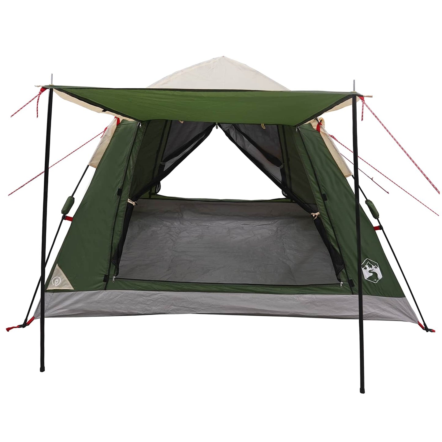 Zijaanzicht van de vidaXL Instant Tent met Regenfly in groen, met open ingang.