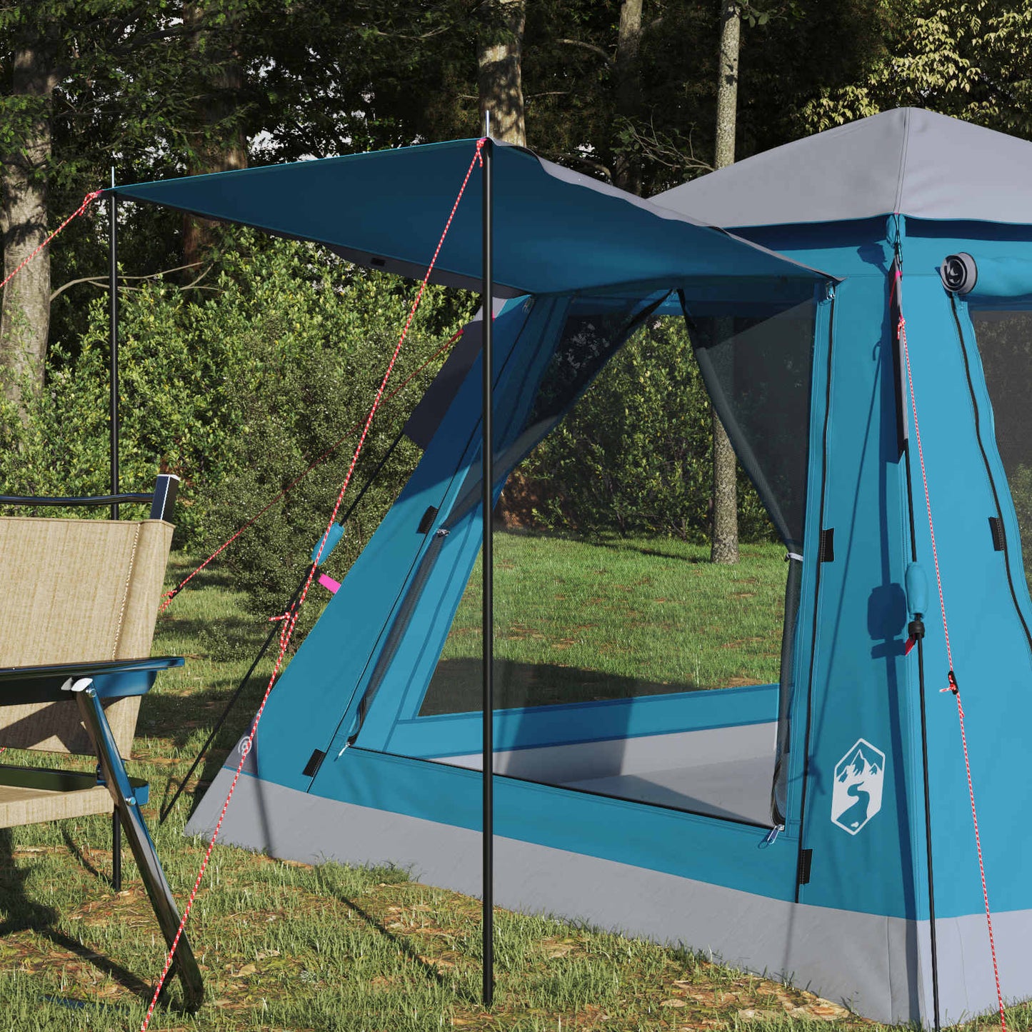 Detail van de vidaXL Instant Tent met Regenfly, zijaanzicht met afdak en ventilatierooster.