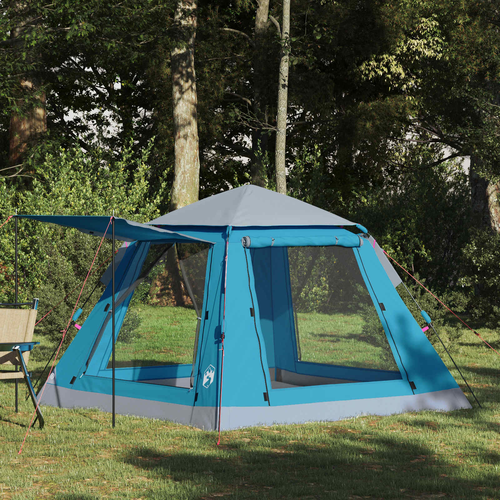 vidaXL Instant Tent voor 3 personen in blauw met grijze regenfly, opgesteld in het groen gras.