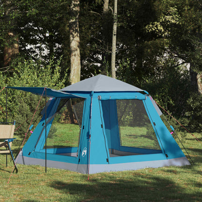 vidaXL Instant Tent voor 3 personen in blauw met grijze regenfly, opgesteld in het groen gras.