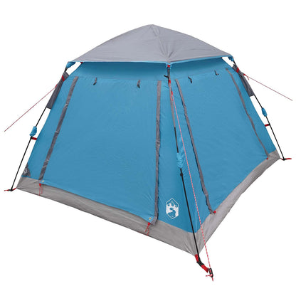 Zijaanzicht van de vidaXL Instant Tent in blauw met grijze details en regenfly.