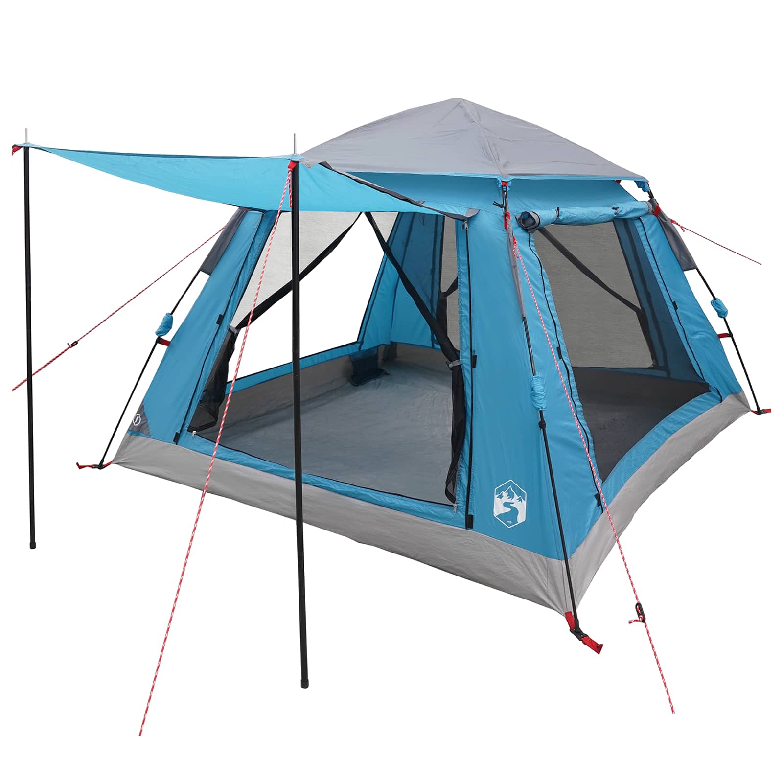 Zijaanzicht van de vidaXL Instant Tent in blauw met grijze details en regenfly.