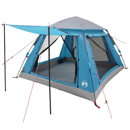 Zijaanzicht van de vidaXL Instant Tent in blauw met grijze details en regenfly.