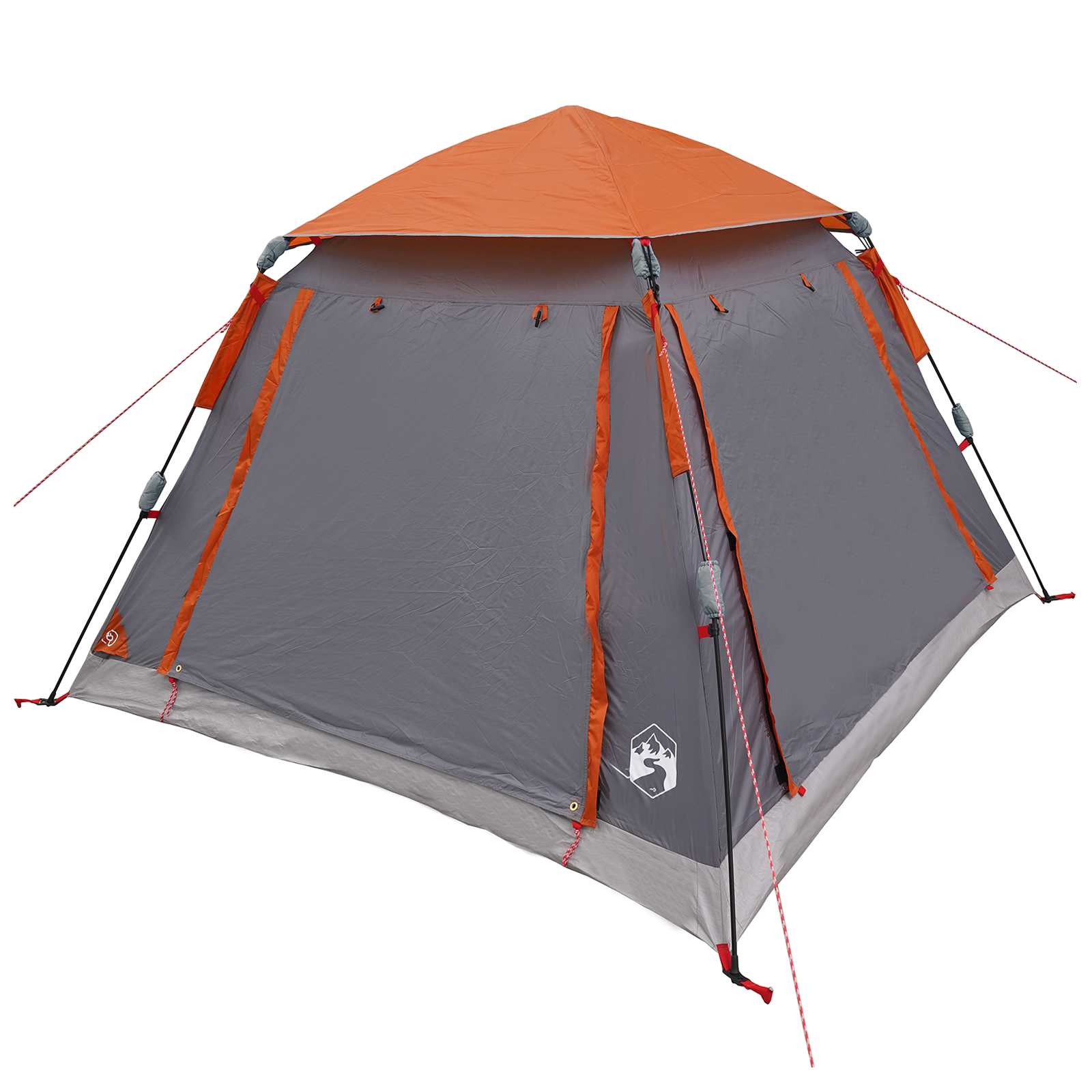 Detail van de vidaXL Instant Tent met oranje en grijze kleuren, zijaanzicht met regenfly.