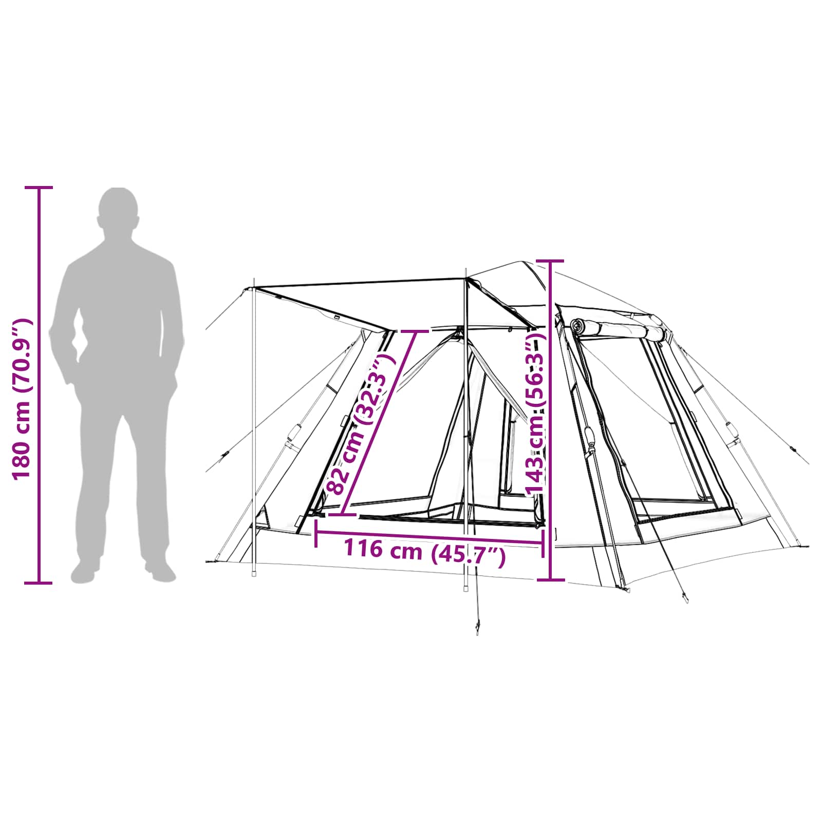 Detail van de vidaXL Instant Tent met afmetingen en zijaanzicht van de tent.