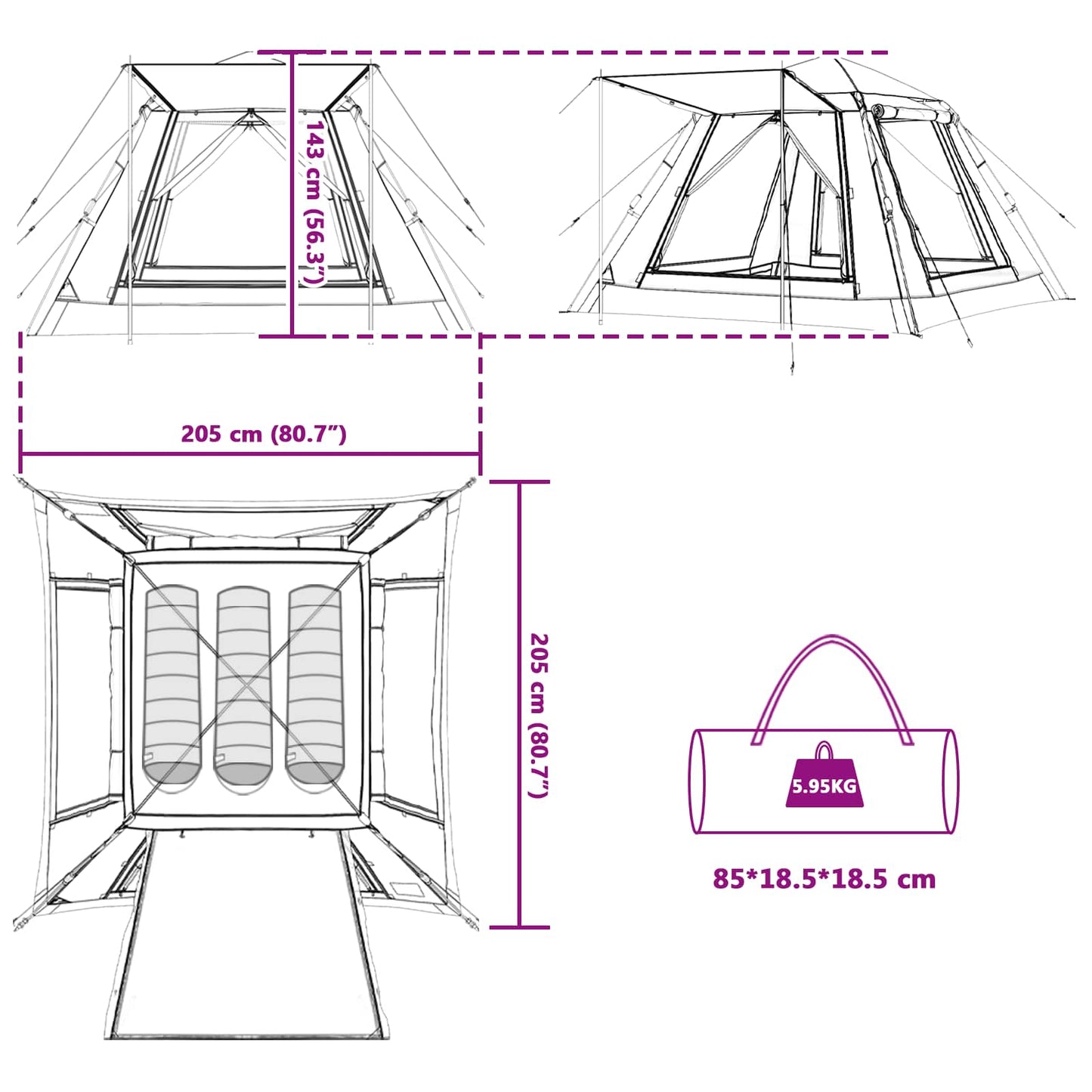 Detailtekening van de vidaXL Instant Tent met afmetingen en draagtas.