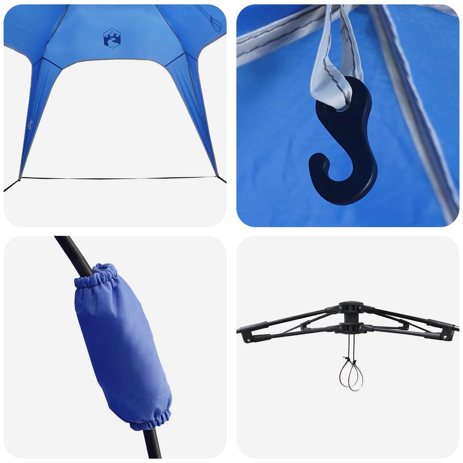 Detail van de blauwe vidaXL Instant Tent met haak en bevestigingsmechanismen.