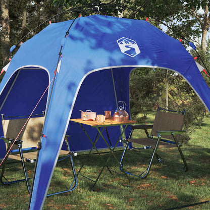 Detail van de vidaXL Instant Tent in Azure Blauw met een opgezette tafel en stoelen.