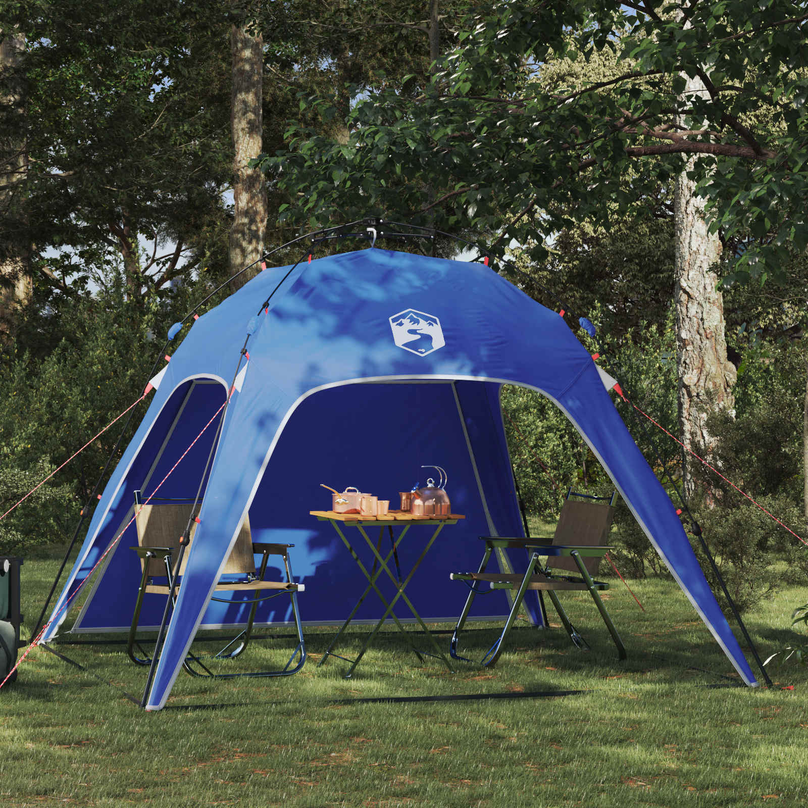 vidaXL Instant Tent in azure blauw, snel op te zetten met comfortabele stoelen en tafel eronder.