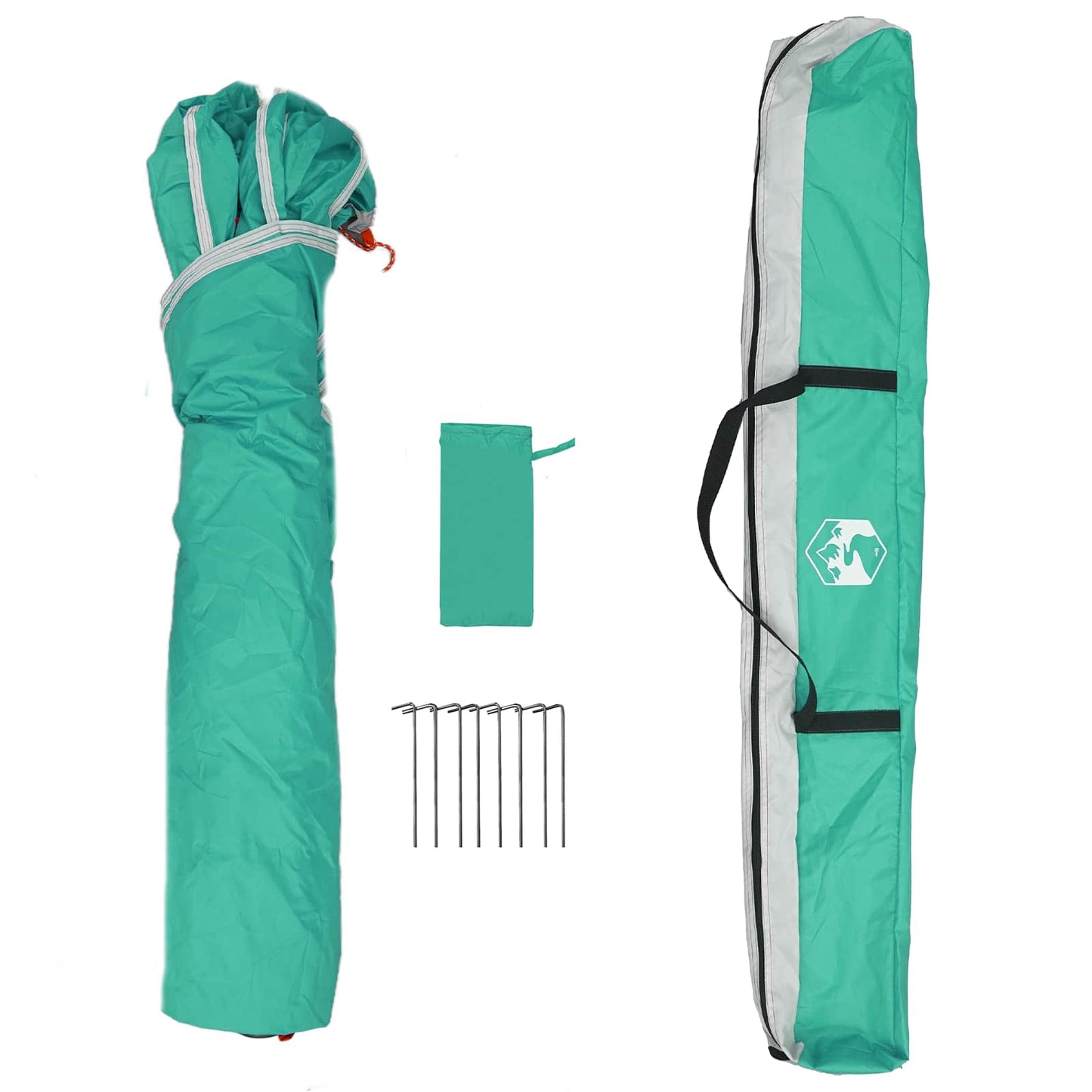Detail van de zeegroene vidaXL Instant Tent met draagtas en haringen.