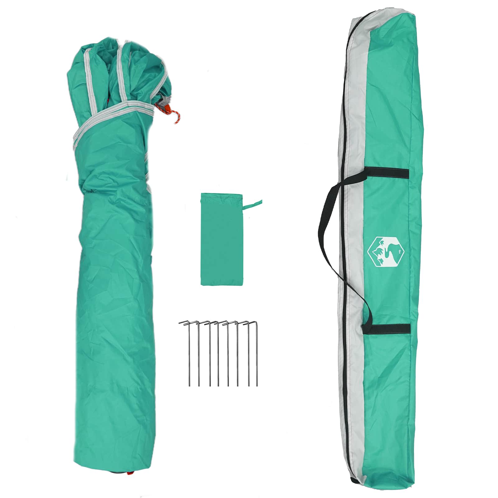 Detail van de zeegroene vidaXL Instant Tent met draagtas en haringen.